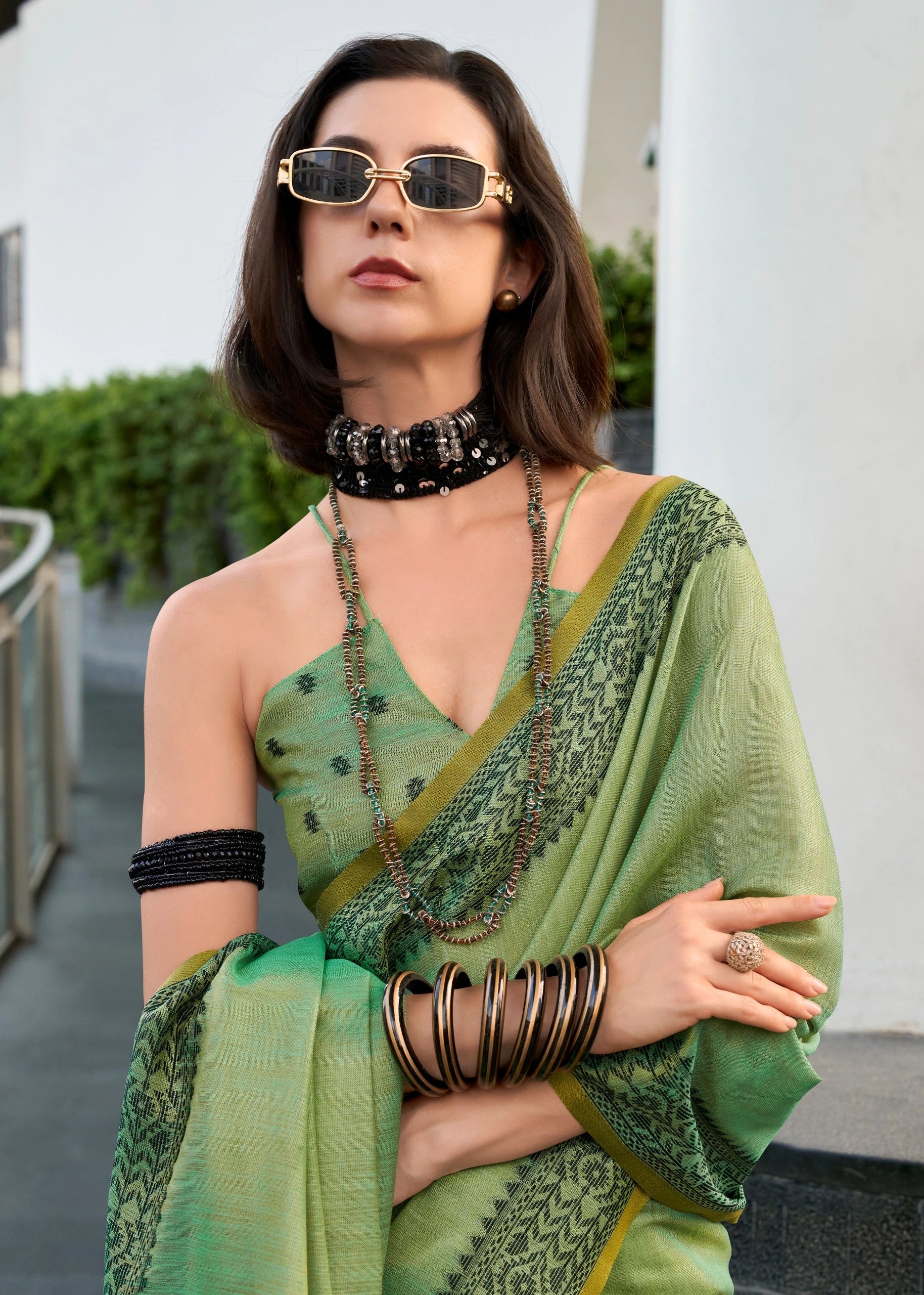 Mehandi Zari Woven Border Linen Tissue Silk Saree Kalyanja Fashion